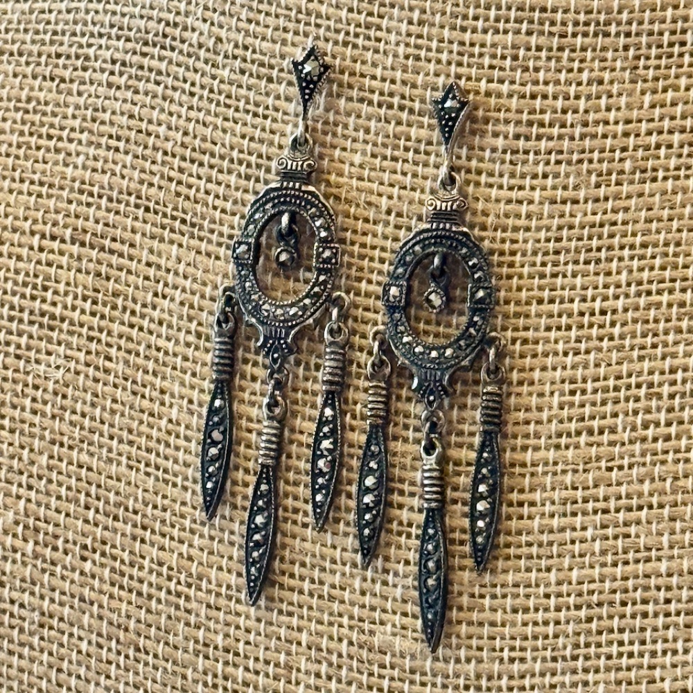 ACI Sterling Silver Art Deco style Marcasite Dangle Earrings